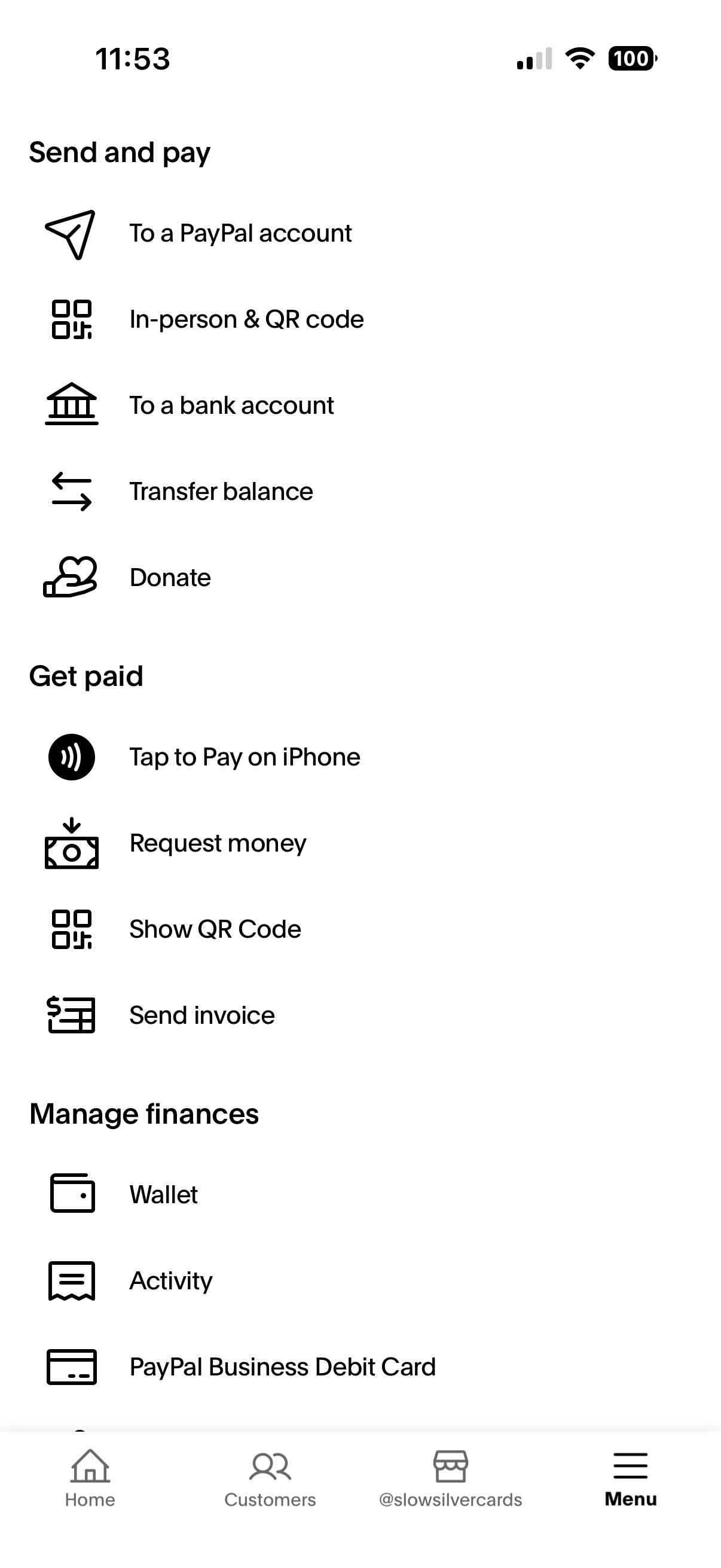 PayPal mobile settings menu showing the send invoice option